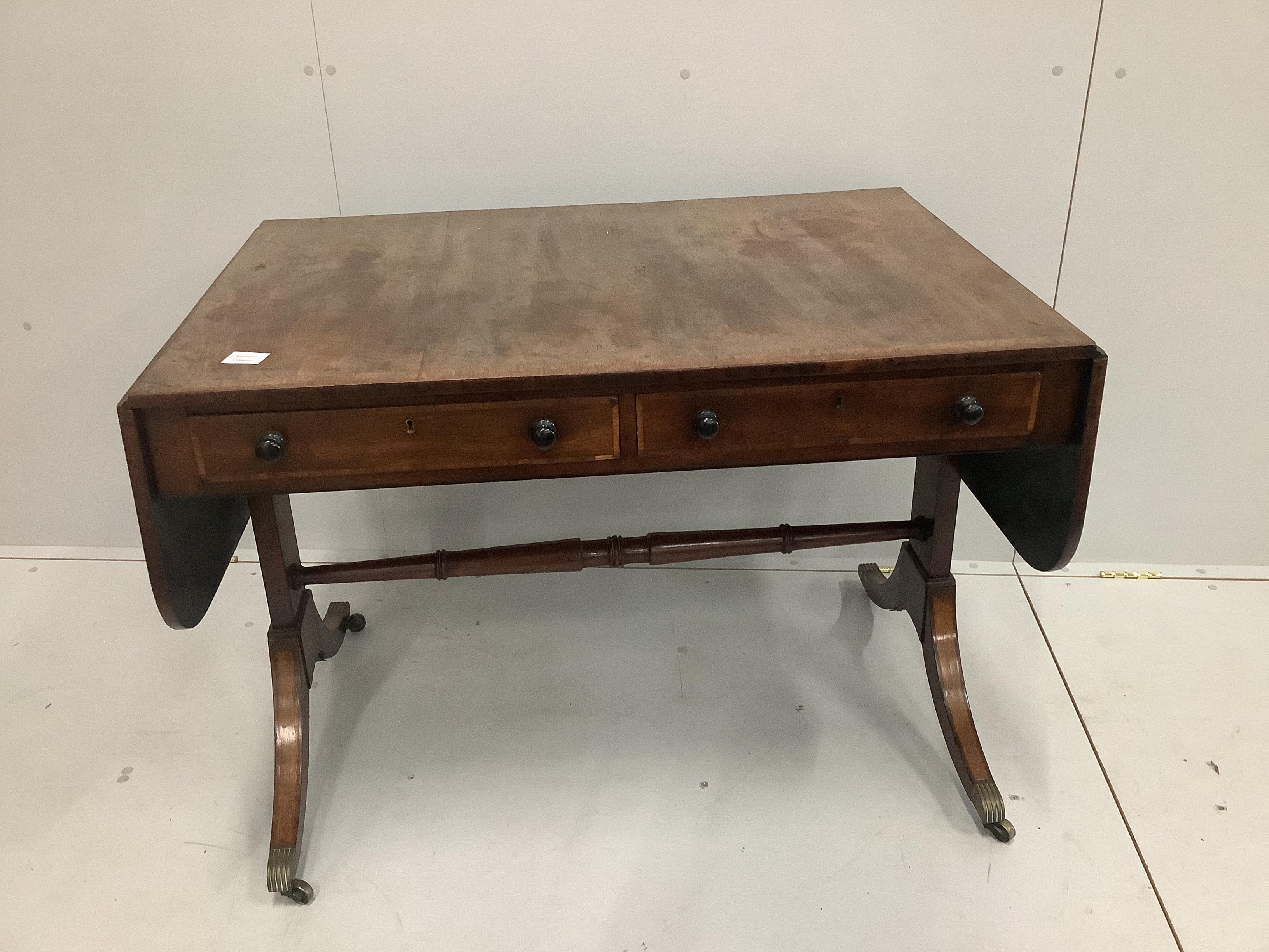 A Regency rosewood banded mahogany sofa table with two frieze drawers, width 101cm, height 68cm